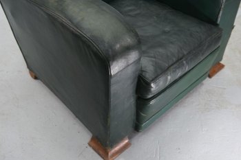 Fauteuil Club En Cuir Vert époque  Art Déco 1940