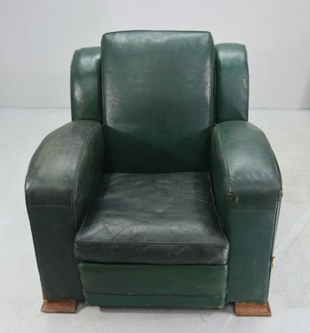 Fauteuil Club En Cuir Vert époque  Art Déco 1940