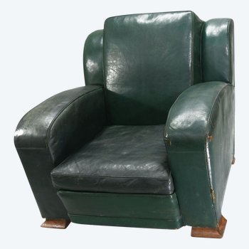 Club Armchair In Green Leather Art Deco Period 1940