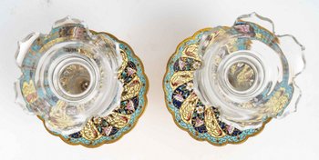 Pair Of Crystal Cups With Gilded Bronze Base And Cloisonné Enamel Late 19th Century