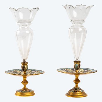 Pair Of Crystal Cups With Gilded Bronze Base And Cloisonné Enamel Late 19th Century