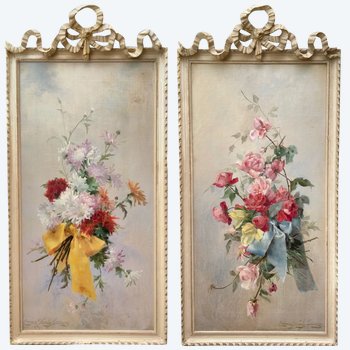 Emma FANTY LESCURE, paire d'huiles sur toiles,  bouquets de fleurs aux noeuds 