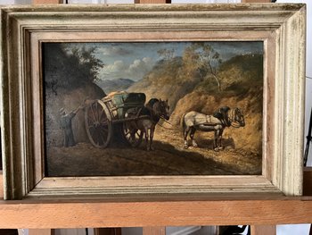 Dipinto ad olio scena rurale con cavalli di Georges Crinier XIX secolo