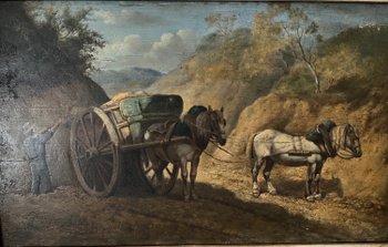 Dipinto ad olio scena rurale con cavalli di Georges Crinier XIX secolo