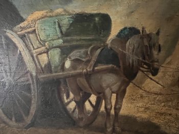 Dipinto ad olio scena rurale con cavalli di Georges Crinier XIX secolo