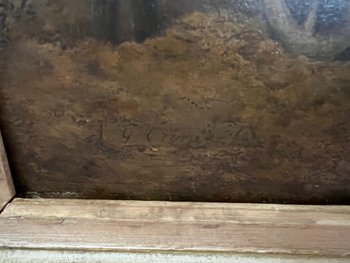 Dipinto ad olio scena rurale con cavalli di Georges Crinier XIX secolo