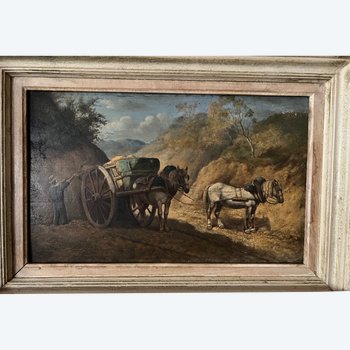 Oil painting rural scene with horses by Georges Crinier 19th century