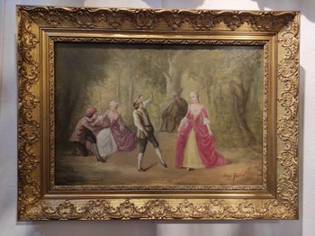 Une Paire De Huile Sur Toile Scène Galante Champêtre Fin XIXème Siècle