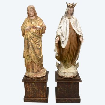 Paire De Statues En Fonte Du Christ Et De La Sainte Vierge Polychrome XIXème