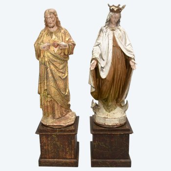 Coppia Di Statue In Ghisa Di Cristo E La Beata Vergine Policroma XIX