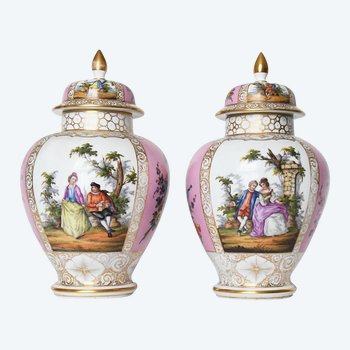 Pair of covered vases in Dresden porcelain the workshop of Helena Wolfsohn