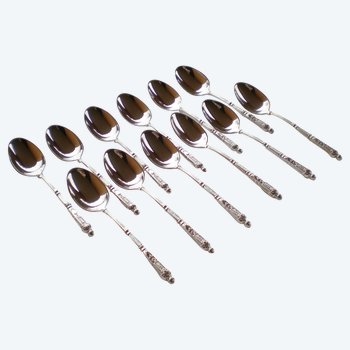 12 silver plated mocha spoons brand SFAM handles said Russian