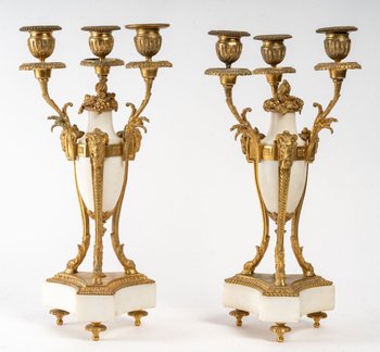 Pair Of Candelabras In Gilt Bronze And White Marble 19th Century