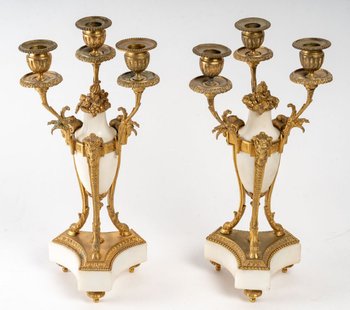 Pair Of Candelabras In Gilt Bronze And White Marble 19th Century