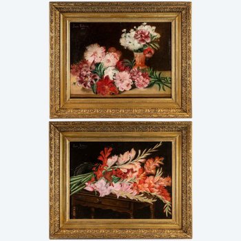 Paire De Tableaux Fleurs XIXéme Siècle