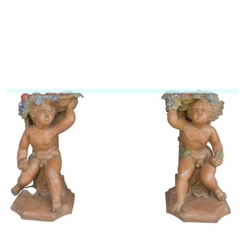 Paire De Bébés Bacchus En Terre Cuite Polychrome