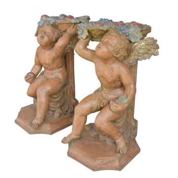 Paire De Bébés Bacchus En Terre Cuite Polychrome