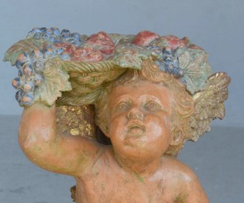 Paire De Bébés Bacchus En Terre Cuite Polychrome