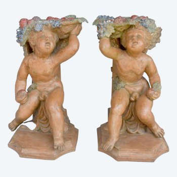 Coppia Di Bacco Bambini In Terracotta Policroma