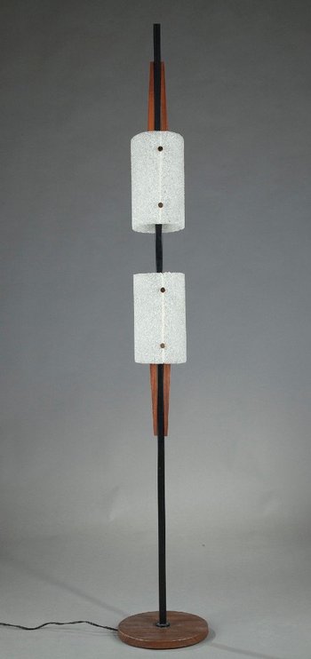 Scandinavian Floor Lamp In Black Lacquered Steel And Teak With Two Diffusers