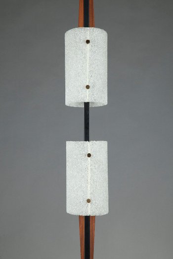 Scandinavian Floor Lamp In Black Lacquered Steel And Teak With Two Diffusers
