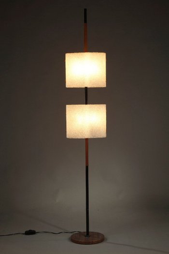 Scandinavian Floor Lamp In Black Lacquered Steel And Teak With Two Diffusers