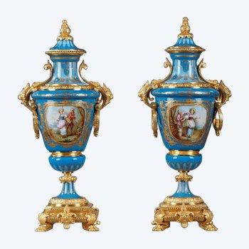 Pair Of Polychrome Porcelain Covered Vases In The Sèvres Style