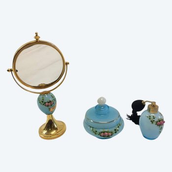 Hand Painted Opaline Milky Blue Three Piece Toilet Set