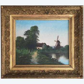 Paul ASTIER (XIX-XX) - Lake landscape with windmill