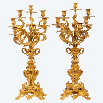 Paire De Candélabres En Bronze Doré Style Louis XV, époque Napoléon III.