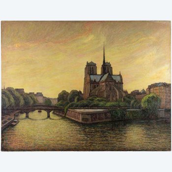 Olio su tela raffigurante Notre-dame-De-Paris e le banchine della Senna