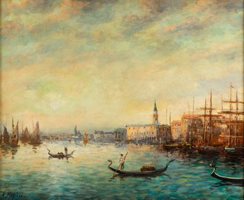 Vue De Venise, olio su tela, firmato da Robert Mogisse, XX secolo