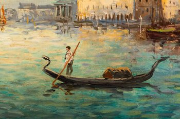 Vue De Venise, olio su tela, firmato da Robert Mogisse, XX secolo