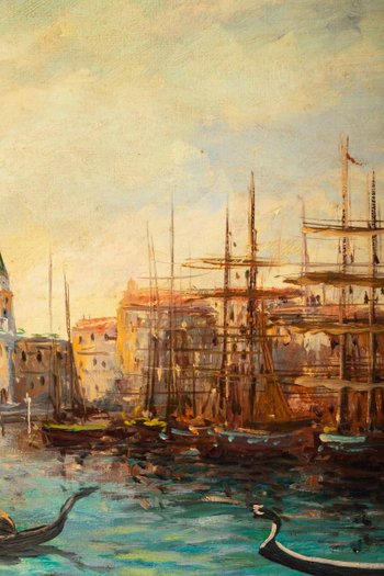 Vue De Venise, olio su tela, firmato da Robert Mogisse, XX secolo