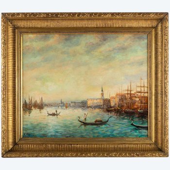 Vue De Venise, Gemälde Öl auf Leinwand, Signiert Von Robert Mogisse, XX ème