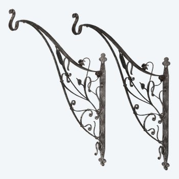 Pair Of Wrought Iron Gallows Art Nouveau Period With Flower Decor