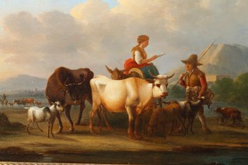 "Landschaften mit Kühen", ein Paar Ölgemälde auf Tafeln, signiert Dieboldt