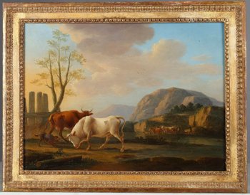 "Landschaften mit Kühen", ein Paar Ölgemälde auf Tafeln, signiert Dieboldt