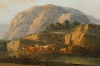 "Landschaften mit Kühen", ein Paar Ölgemälde auf Tafeln, signiert Dieboldt