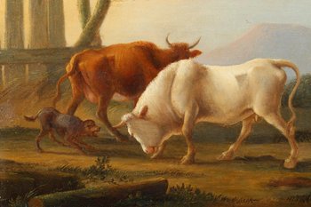 "Landschaften mit Kühen", ein Paar Ölgemälde auf Tafeln, signiert Dieboldt