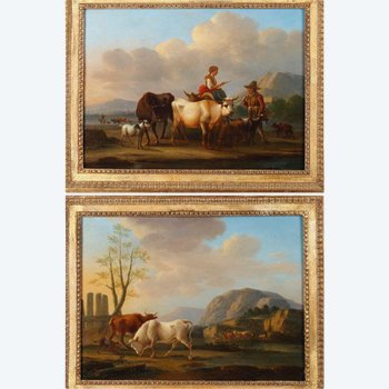 "Paysages aux vaches", paire d'huiles sur panneaux, signé Dieboldt