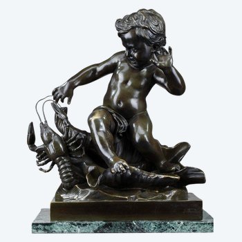 Scultura in bronzo, "bambino pizzicato da un gambero" dopo Jean-Baptiste Pigalle, XIX secolo