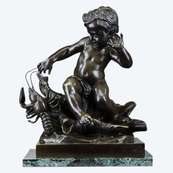 Sculpture en bronze, "enfant pincé par une écrevisse" d'après Jean-Baptiste Pigalle, XIXeme