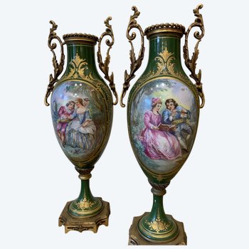 Pair Of Sèvres Porcelain Vases Decorated With Galant Scenes, Napoleon III period