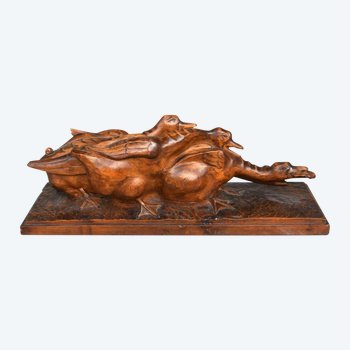 Oies Se Disputant Une Grenouille Par H Petrilly Sculpture En Bois Art Déco