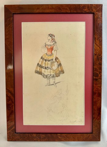 Acquerello e disegno di François Compte Cadiz, "Ragazza con tamburello", XIX secolo