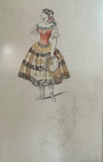 Acquerello e disegno di François Compte Cadiz, "Ragazza con tamburello", XIX secolo