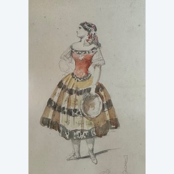 Acquerello e disegno di François Compte Cadiz, "Ragazza con tamburello", XIX secolo