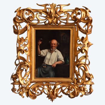 Portrait Of A Clinking Man Signed T Bérengier 1880 In A Very Beautiful Openwork Frame In Golden Wood