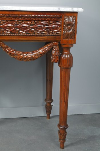 Coppia di console in noce e marmo in stile Luigi XVI